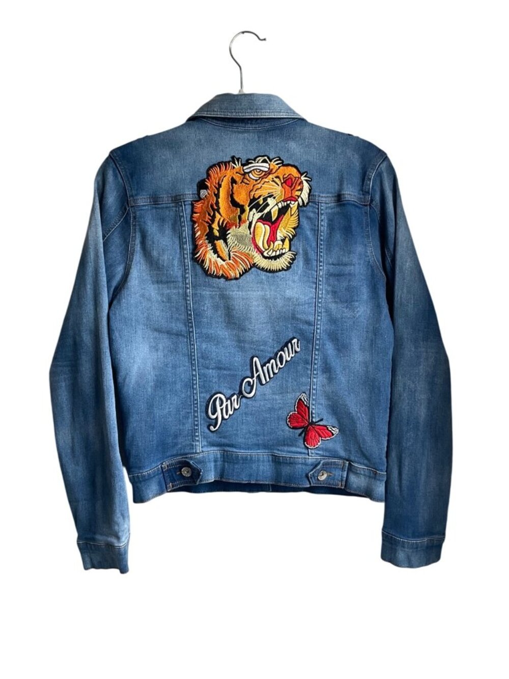 Studio F Med Embroidered Denim Jacket Floral & Tiger Stretch Boho Made Colombia